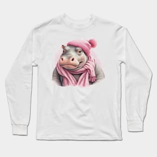 Adorable cute Hippo wearing a pink hat and scarf Long Sleeve T-Shirt